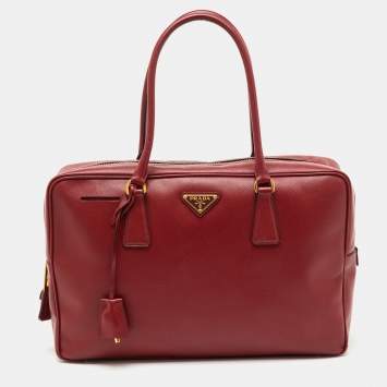 Pre Owned Prada Red Saffiano Lux Leather Top Zip Bauletto Bag