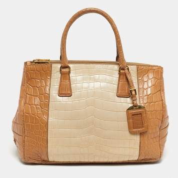 Pre Owned Prada Brown/Light Beige Crocodile Medium Double Zip Tote