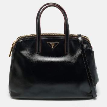Pre Owned Prada Black Saffiano Vernic Leather Double Zip Satchel