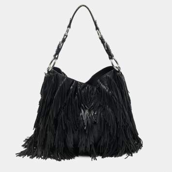 Pre Owned Prada Black Leather Fringe Hobo 