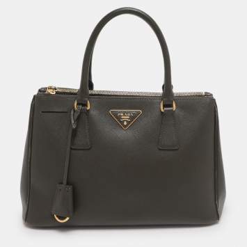 Pre Owned Prada Green Saffiano Lux Leather Small Double Zip Tote