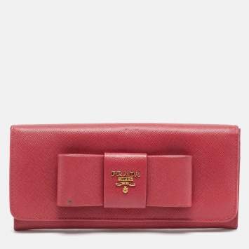 Pre Owned Prada Pink Saffiano Metal Leather Bow Flap Continental Wallet