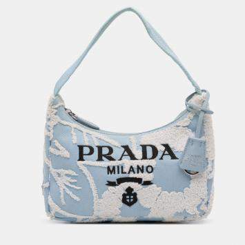 Pre Owned Prada Blue Mini Embroidered Drill Re Edition 2000 Shoulder Bag