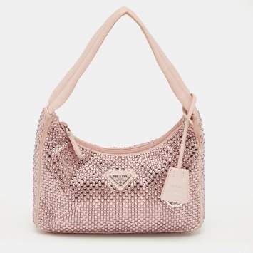Pre Owned Prada Light Pink Satin Re-Edition 2000 Crystals Shoulder Bag