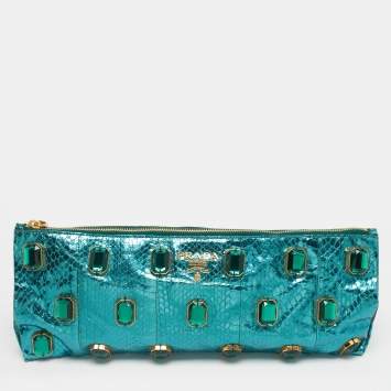Pre Owned Prada Metallic Teal Snakeskin Whips Pietre Clutch