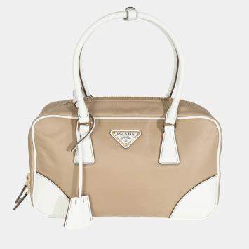 Pre Owned Prada Beige White Re-Nylon Saffiano Medium Re-Edition 1978