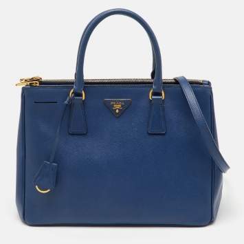Pre Owned Prada Navy Blue Saffiano Lux Leather Medium Galleria Double Zip Tote