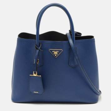 Pre Owned Prada Navy Blue Saffiano Cuir Leather Medium Double Handle Tote