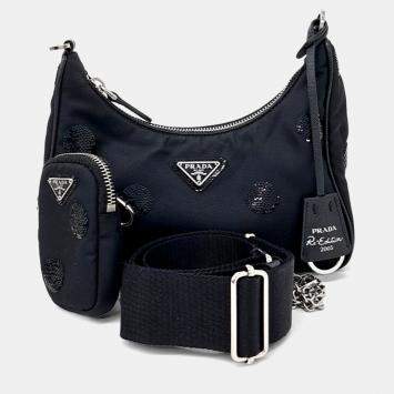 Prada Black & Red Leather and Nylon New Vela Studded