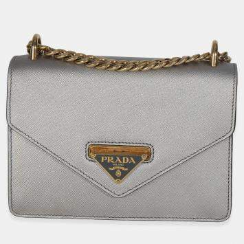 Pre Owned Prada Silver Saffiano Soft Calfskin Metal Triangle Logo Envelope Chain Bag