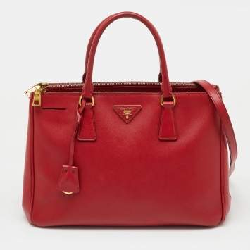 Pre Owned Prada Red Saffiano Lux Leather Medium Galleria Double Zip Tote