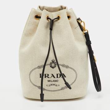 مملوكة مسبقًا Prada Off White/Black Canvas and Leather Logo Drawstring Wristlet Pouch