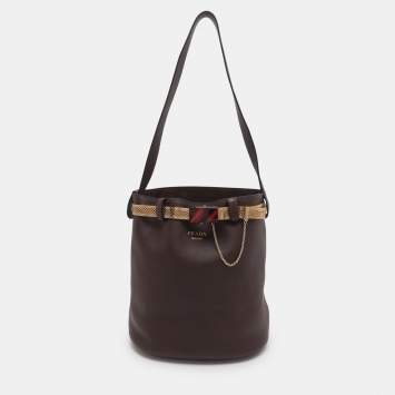 Pre Owned Prada Brown Leather Jeweled Belt Buckle Bucket Bag