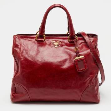 Pre Owned Prada Red Brushed Leather Double Zip Tote