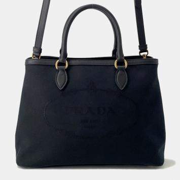 Pre Owned Prada Jacquard 2Way Handbag Black Canvas Leather