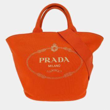 Pre Owned Prada Orange Canvas Canapa 2way Tote Handbag