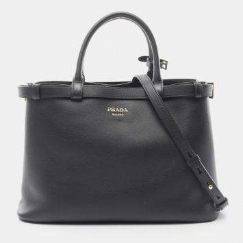 Pre Owned Prada Buckle Medium Black Leather Shoulder Bag