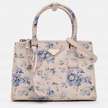 Pre Owned Prada Pink Small Saffiano Lux Galleria Floral Print Double Zip Satchel
