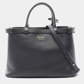 Pre Owned Prada Buckle Double Belt Medium Handbag Leather Black
