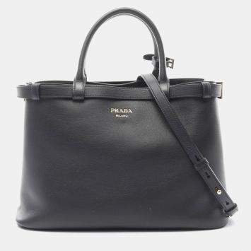 Pre Owned Prada Medium Double Buckle Belt Handbag Leather Black