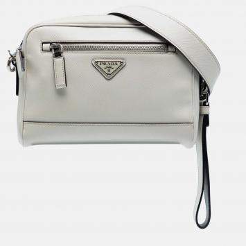 Pre Owned Prada White Saffiano Travel Triangle Wristlet Crossbody