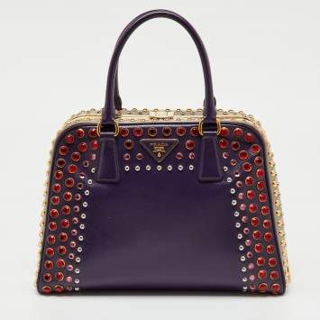 Pre Owned Prada Multicolor Saffiano Patent Leather Crystal Embellished Pyramid Frame Satchel