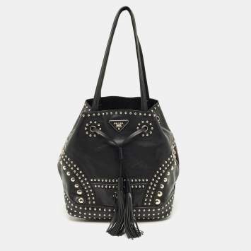 Pre Owned Prada Black Leather Studded Drawstring Bucket Bag