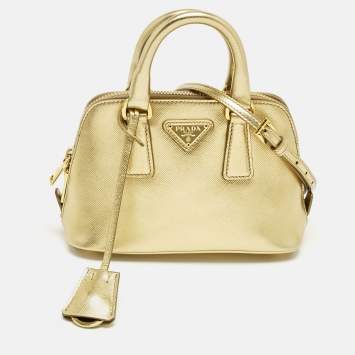 Pre Owned Prada Gold Saffiano Lux Leather Mini Promenade Satchel