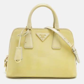 Pre Owned Prada Light Yellow Saffiano Patent Lux Leather Small Promenade Satchel