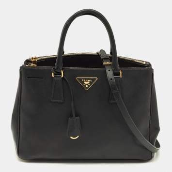 Pre Owned Prada Black Saffino Leather Medium Double Zip Tote