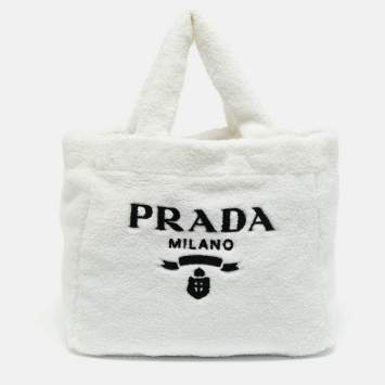 Pre Owned Prada White/Black Terry Cloth Logo Tote