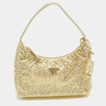 Pre Owned Prada Re-Edition 2000 Crystals Gold Satin Shoulder Bag
