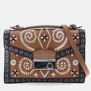 Pre Owned Prada Black/Brown Saffiano Embroidered Pattina Crossbody Bag