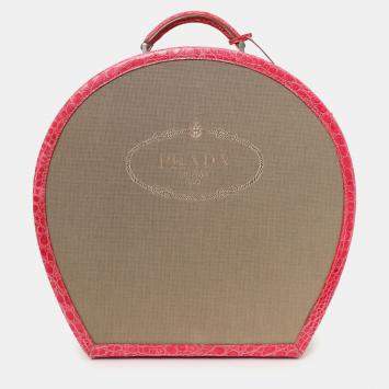 Pre Owned Prada Beige Canvas Pink Crocodile Trim Hat Box