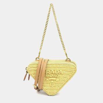 Pre Owned Prada Shoulder Bag Crochet Mini Pouch Leather Viscose Beige