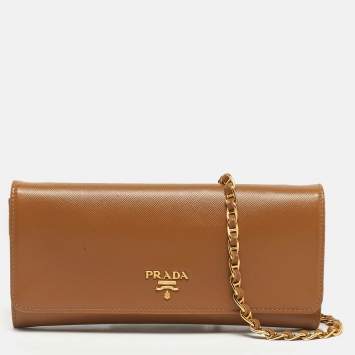 Pre Owned Prada Brown Saffiano Metal Leather Wallet On Chain