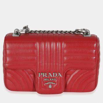 Pre Owned Prada Red Soft Calfskin Impunture Diagramme Medium Chain Flap Bag