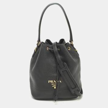 Pre Owned Prada Black Leather Drawstring Bucket Bag