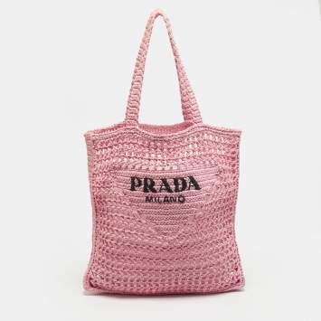 Pre Owned Prada Pink Crochet Straw Vertical Tote