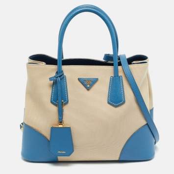 Pre Owned Prada Blue/Beige Canapa Canvas and Saffiano Lux Leather Tote