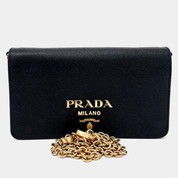 Pre Owned Prada Black Leather Saffiano Chain Crossbody Bag
