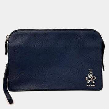 Pre Owned Prada Navy Blue Leather Saffiano Clutch