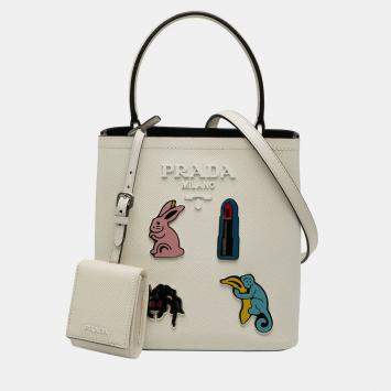 Pre Owned Prada White Small Saffiano Cuir Smalto Panier Satchel