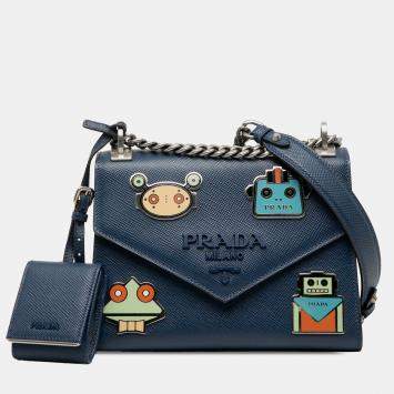 Pre Owned Prada Blue Saffiano Cuir Monochrome Robot Patches Envelope Chain Flap