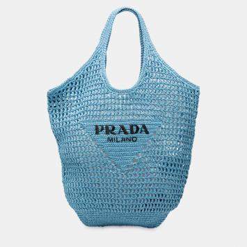 Pre Owned Prada Blue Raffia Effect Crochet Logo Embroidered Shopping Tote