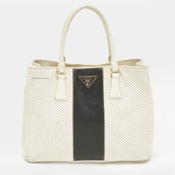 Pre Owned Prada Gardener's Medium Off White/Black Saffiano Leather Tote