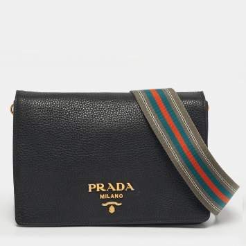 Pre Owned Prada Black Vitello Leather Flap Crossbody Bag