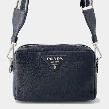 Pre Owned Prada Vitello Dino Soft Leather Shoulder Bag Black Leather
