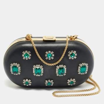 مملوكة مسبقًا Prada Crystal Embellished Black Leather Frame Chain Clutch