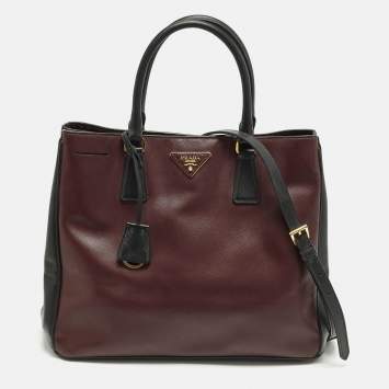 Pre Owned Prada Gardener's Medium Burgundy/Black Saffiano Leather Tote